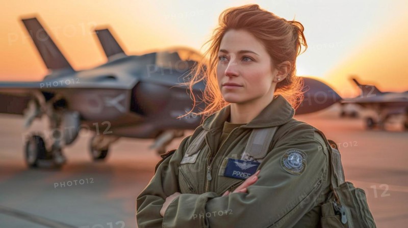 Proud young adult female air force fighter pilot in front of her lockheed martin F-35 lightning II combat aircraft on the tarmac