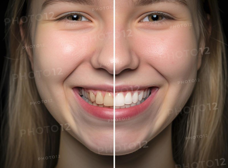 Young adult girl showing her beautiful before and after teeth whitening smile