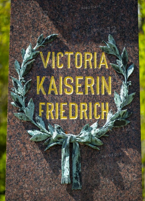 Inscription Victoria Empress Frederick on the plinth of the marble bust for Queen and Empress Victoria in the spa gardens of Bad Homburg vor der Hoehe
