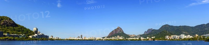 Panoramic image of the famous Rodrigo de Freitas lagoon in Rio de Janeiro surrounded by the city