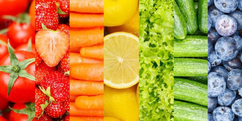 Fruit and vegetables background fresh fruits berries fruit panorama as collage in Stuttgart