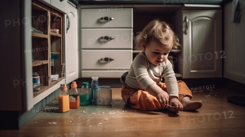 A young toddler on the floor of the kitchen or bathroom has found various cleaning and other chemicals in an unsecured cabinet at home