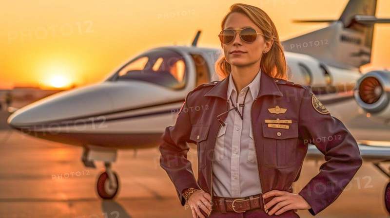 Proud young adult female airline pilot in front of her private executive jet on the tarmac
