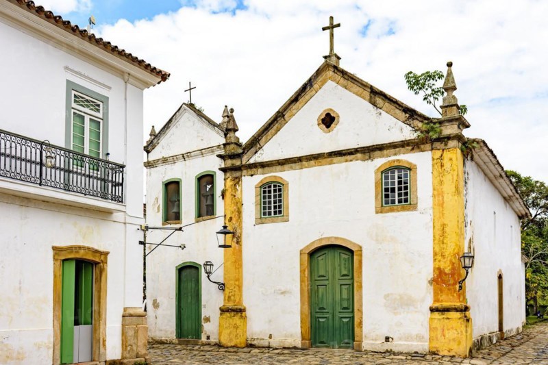 Famous churche facade in the ancient and historic city of Paraty on the south coast of the state of Rio de Janeiro founded in the 17th century