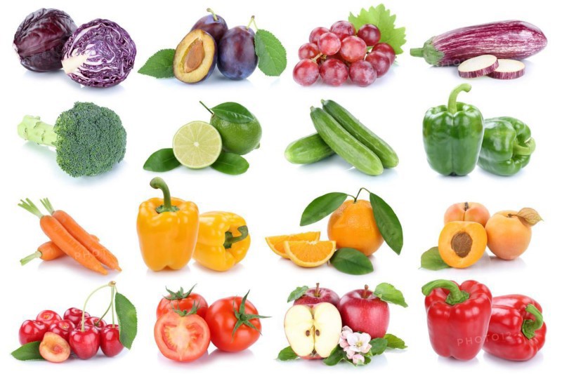 Fruit and vegetables fresh fruit collage with apple orange tomato lettuce cut-out isolated in Stuttgart