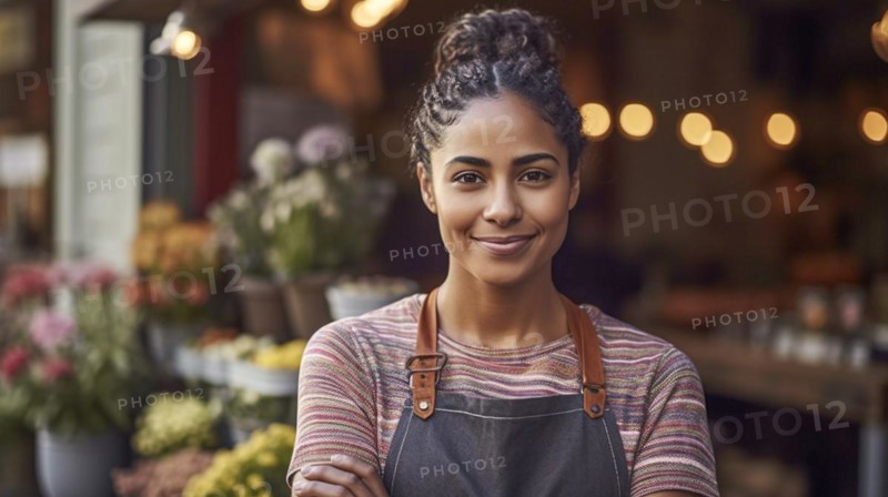Proud young adult multi-ethnic female at the entrance of her quaint flower shop in europe