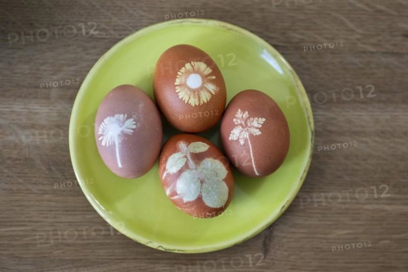 Four Easter eggs coloured with onion skins and flowers on a plate