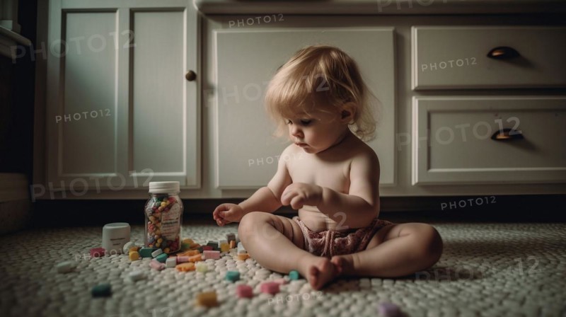 A young toddler has found some prescription pills at home