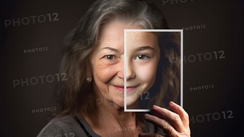 Elderly woman with wrinkled skin portrait holding A photo of herself as A young girl with perfect skin