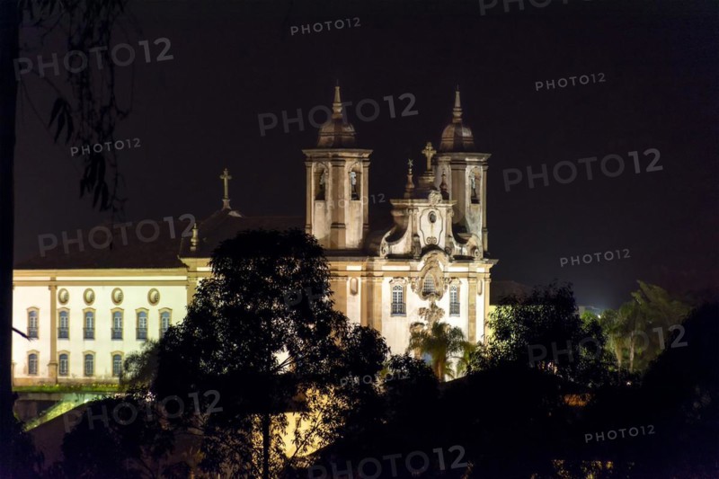 Night view of old catholic church of the 18th century located in the center of the famous and historical city of Ouro Preto in Minas Gerais