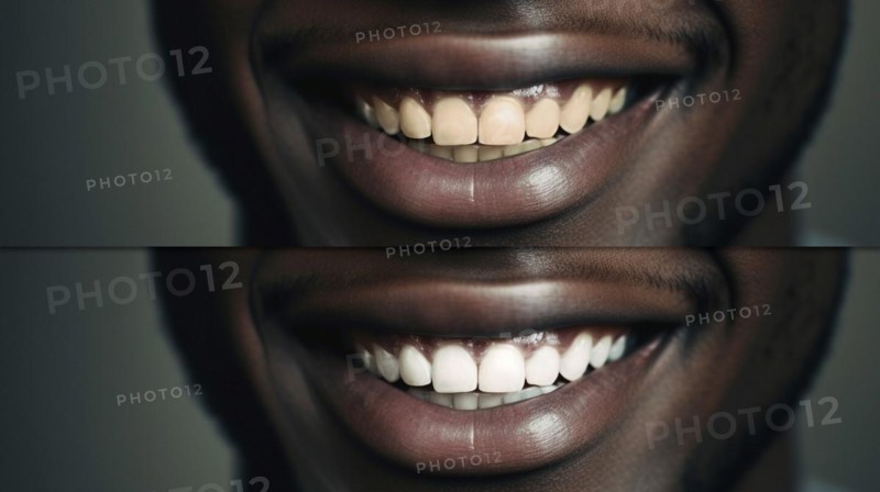 Young adult african american man showing his beautiful before and after teeth whitening smile