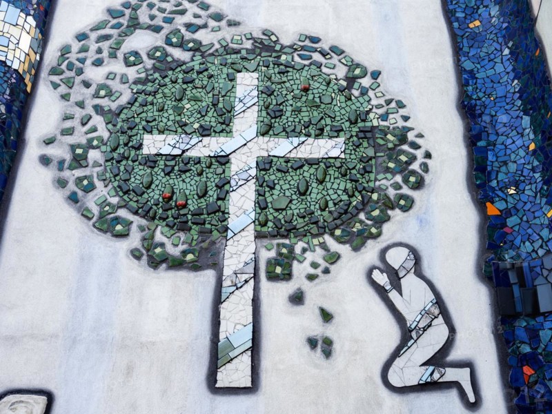 Mosaic with biblical motif on the church tower