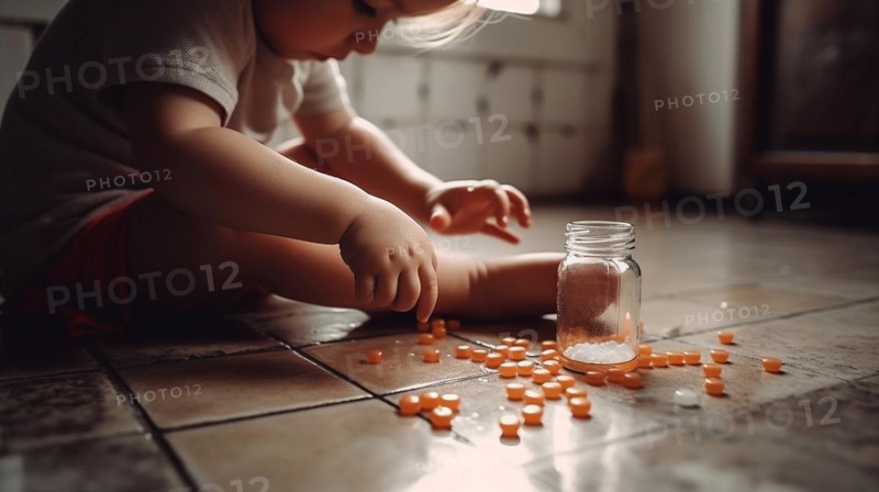 A young toddler has found some prescription pills at home