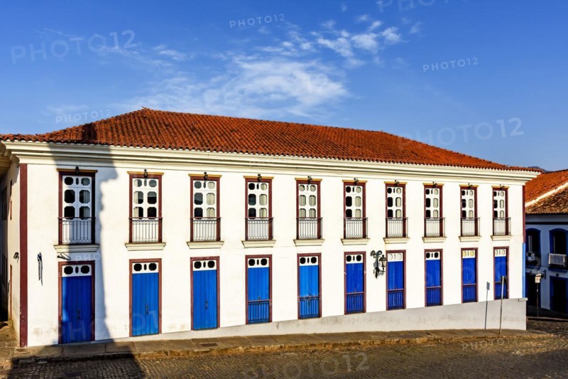 Facade of old colonial style houses in the historic city of Ouro Preto in the state of Minas Gerais