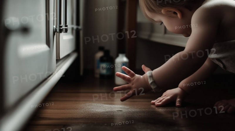 A young toddler on the floor of the kitchen or bathroom has found various cleaning and other chemicals in an unsecured cabinet at home