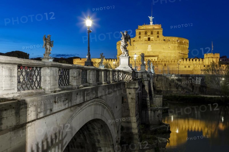 Evening twilight over Castel Sant'Angelo and the Aelius Bridge over the Tiber