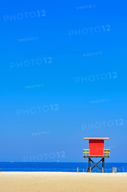 Rescue cabin on Copacabana beach on a sunny tropical day in the city of Rio de Janeiro
