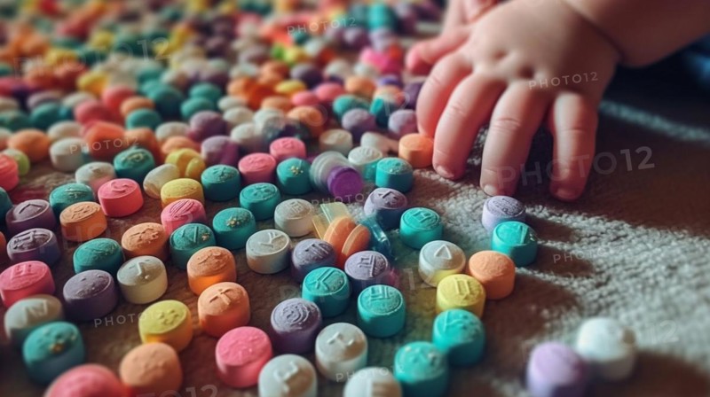 A young toddler is reaching for some rainbow fentanyl pills at home