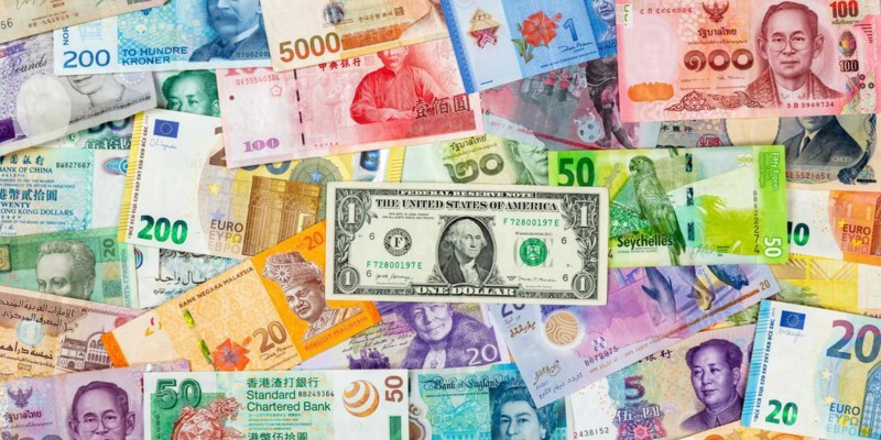 Money banknotes euro dollars currencies finances on travel background banner pay pay banknotes in Stuttgart