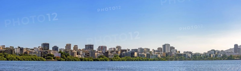 Panoramic image of the Leblon and Ipanema neighborhoods in Rio de Janeiro with their buildings seen from Rodrigo de Freitas Lagoon