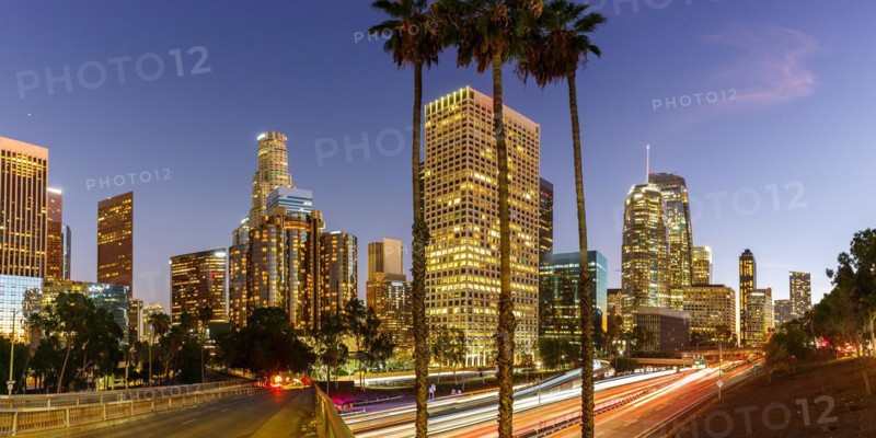 Downtown Los Angeles skyline panorama with skyscrapers in the evening in Los Angeles