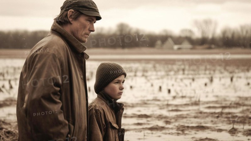 Distressed farming father and son look over their flooded farmland
