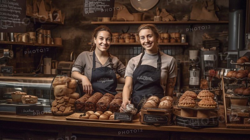 Proud young adult female partners at the counter of their new bakery shop in europe