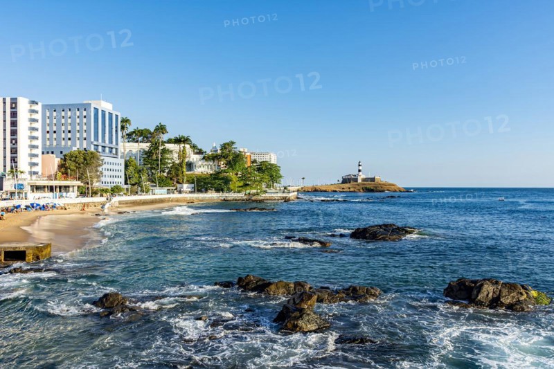 Famous Barra beach and lighthouse on the seafront of Salvador in Bahia