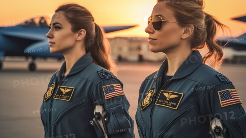 Two proud young adult female air force fighter pilots in front of their F-35 combat aircraft on the tarmac