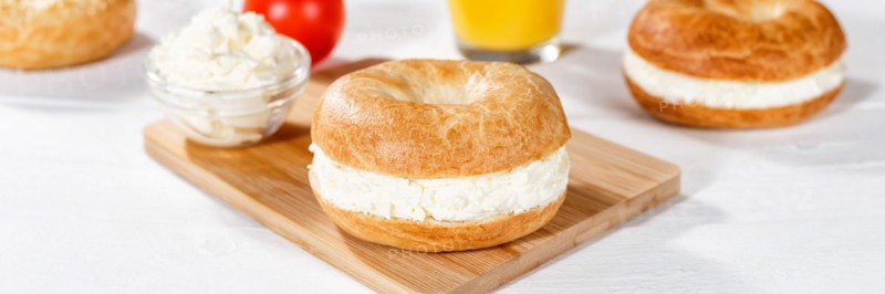 Bagel sandwich for breakfast topped with cream cheese Panorama in Stuttgart