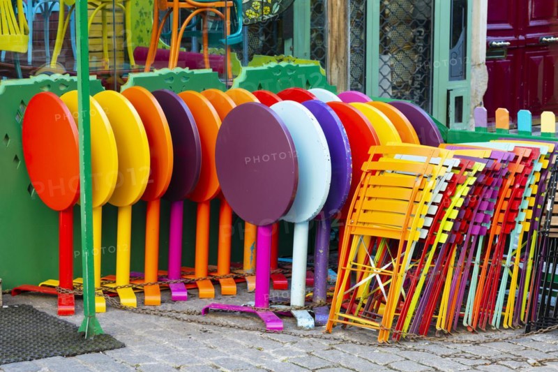 Colourful folding chairs and tables