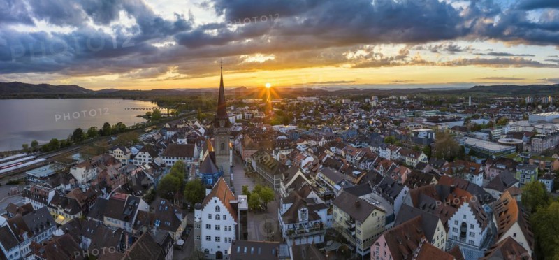 Aerial view of the town of Radolfzell on Lake Constance at sunset