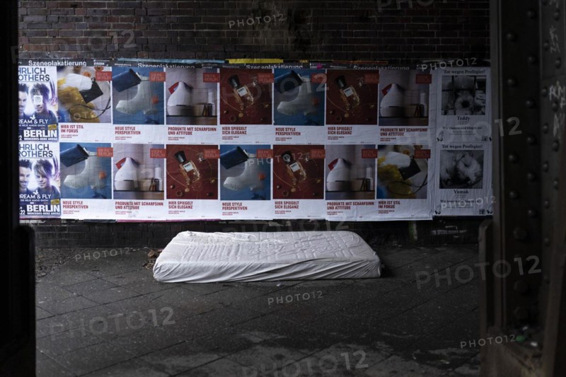 The mattress of a homeless man stands out under a bridge in Berlin