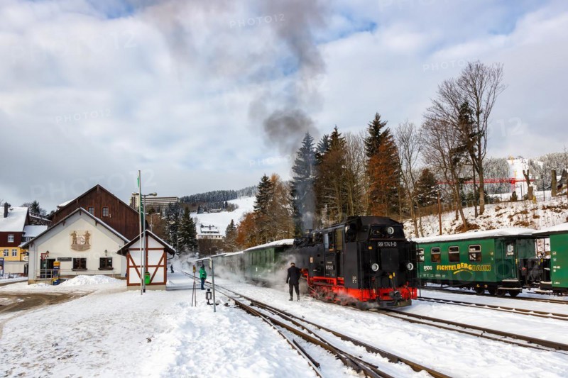 Fichtelbergbahn Railway steam train in winter in Oberwiesenthal