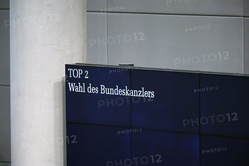 The display board in the Bundestag shows the words ' Election of the Federal Chancellor ' taken during the swearing-in ceremony of the new federal government in Berlin