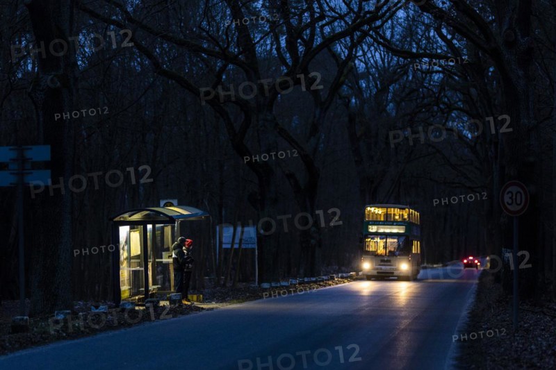 A bus stops at an illuminated bus stop in Berlin