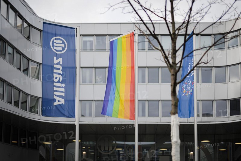 Flags of Allianz stand in front of their location in Berlin. 04.02.2022.