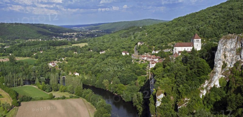View over the Lot river valley and the medieval village Saint-Cirq-Lapopie