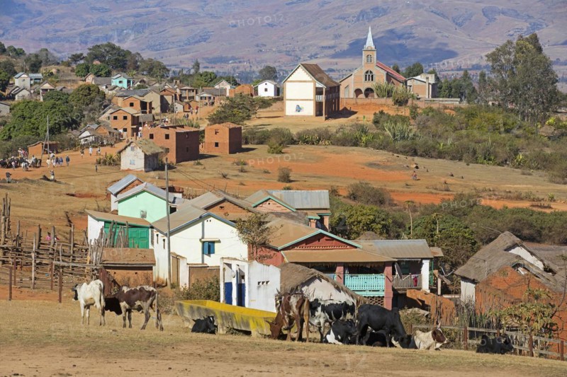 Rural village with church in the Central Highlands where a weekly zebu market takes place