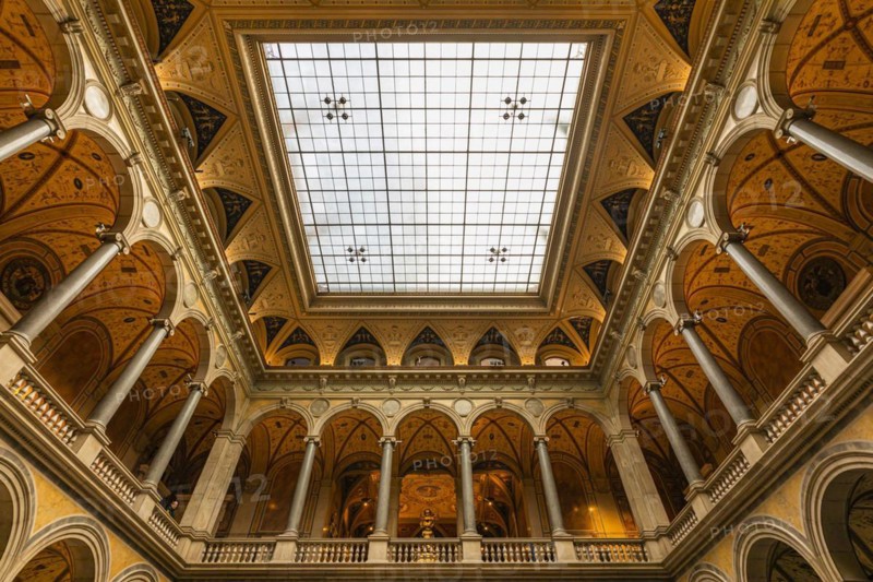 Skylight and round arches in the entrance hall of the University and Museum of Applied Arts