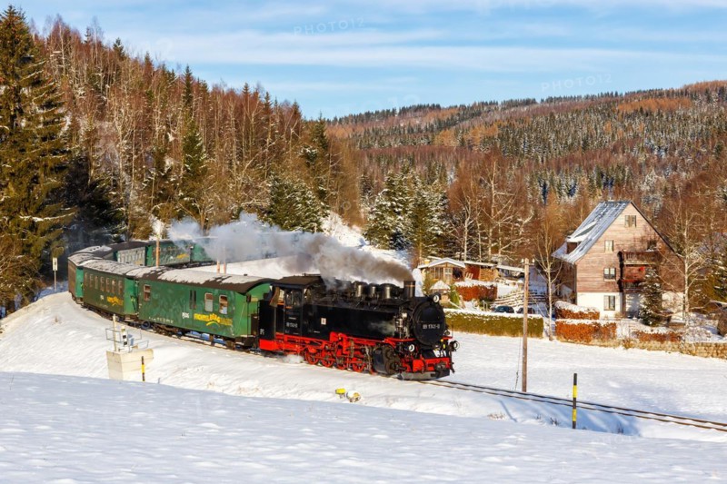 Fichtelbergbahn Railway steam train in winter in Oberwiesenthal