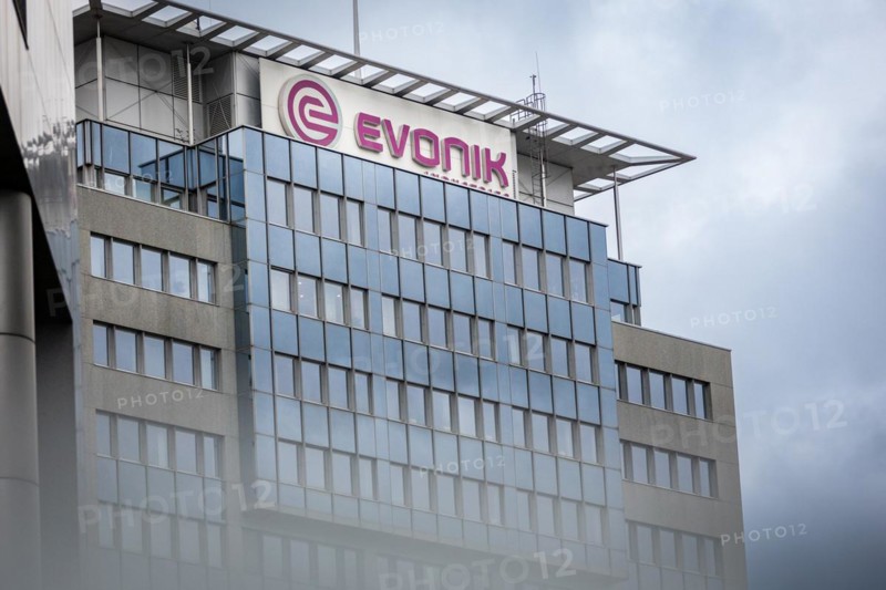 A sign of the evonik company at their headquarters in Essen