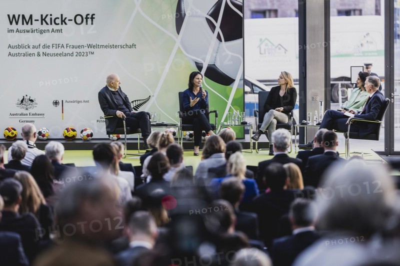 (L-R) Bernd Neuendorf, President of the DFB, Annalena Baerbock (Buendnis 90 Die Gruenen), Federal Minister of Foreign Affairs, Nia Kuenzer, former national player, and Tugba Tekkal, former professional football player, photographed at the World Cup KickOff at the Foreign Office in Berlin, 03.05.2023., Berlin, Germany, Europe