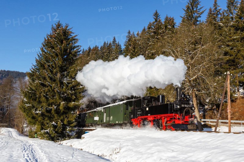 Pressnitztalbahn railway steam train Steam locomotive in winter in Schmalzgrube
