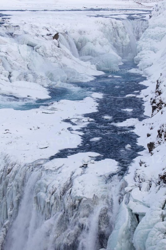 Gullfoss waterfall in the snow in winter located in the canyon of Hvita river