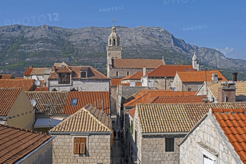 View over houses and the Cathedral of St. Mark in the Old Town Kor? ula on the island Kor? ula in the Adriatic Sea