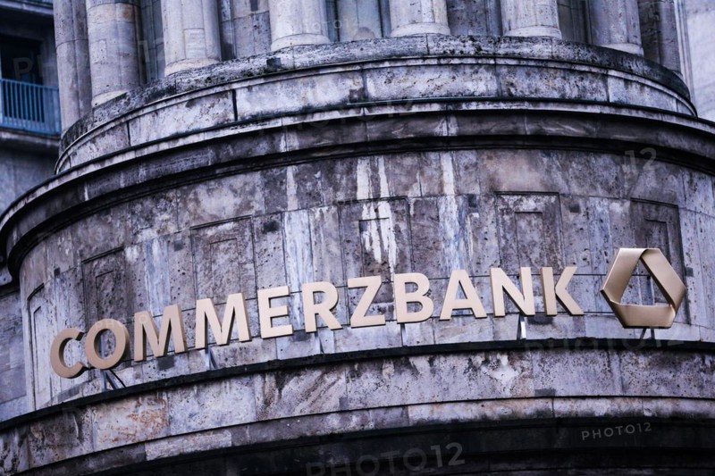 A Commerzbank lettering is seen above the entrance of a branch in Duesseldorf