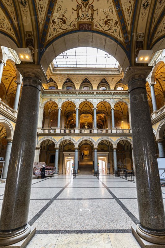 Skylight and round arches in the entrance hall of the University and Museum of Applied Arts