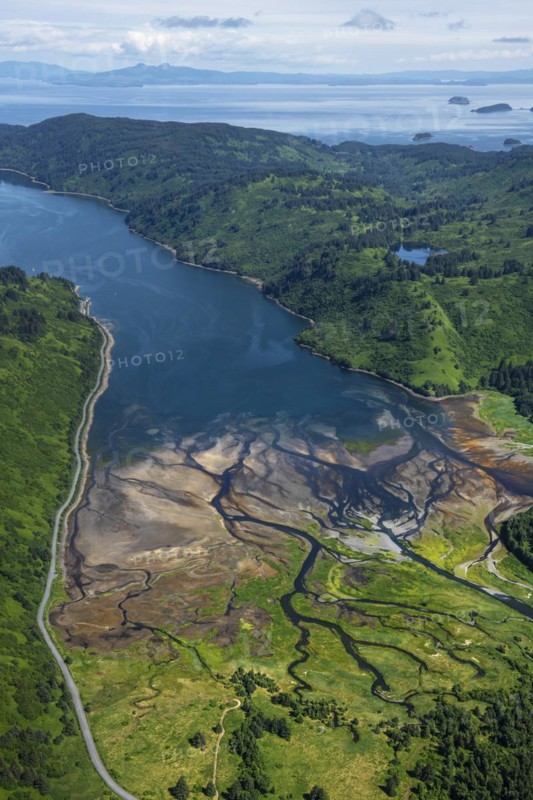 River delta on Kodiak Island with view of Shelikof Strait