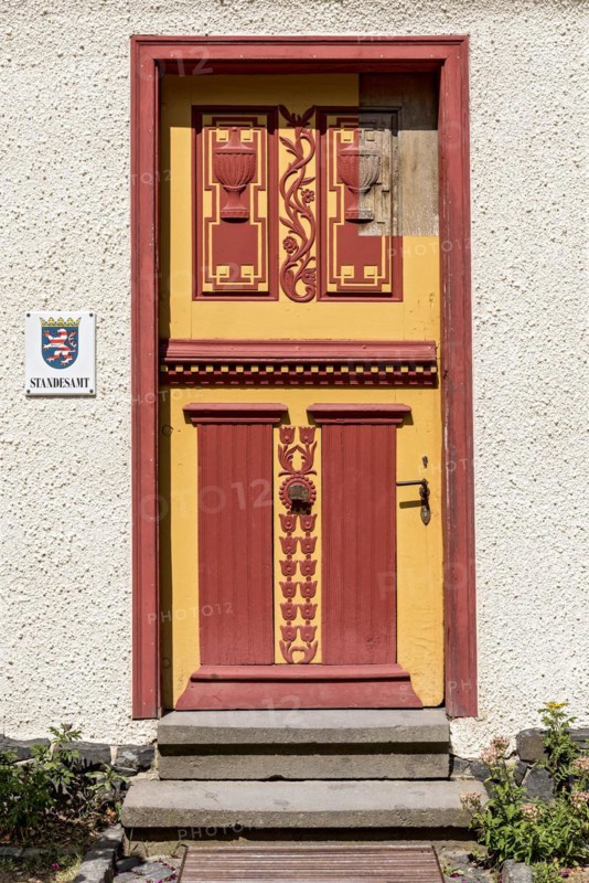 Historical wooden door with painted carvings